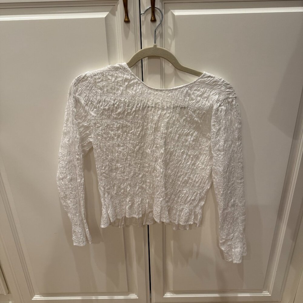 Frame copped white gathered cotton long-sleeved blouse